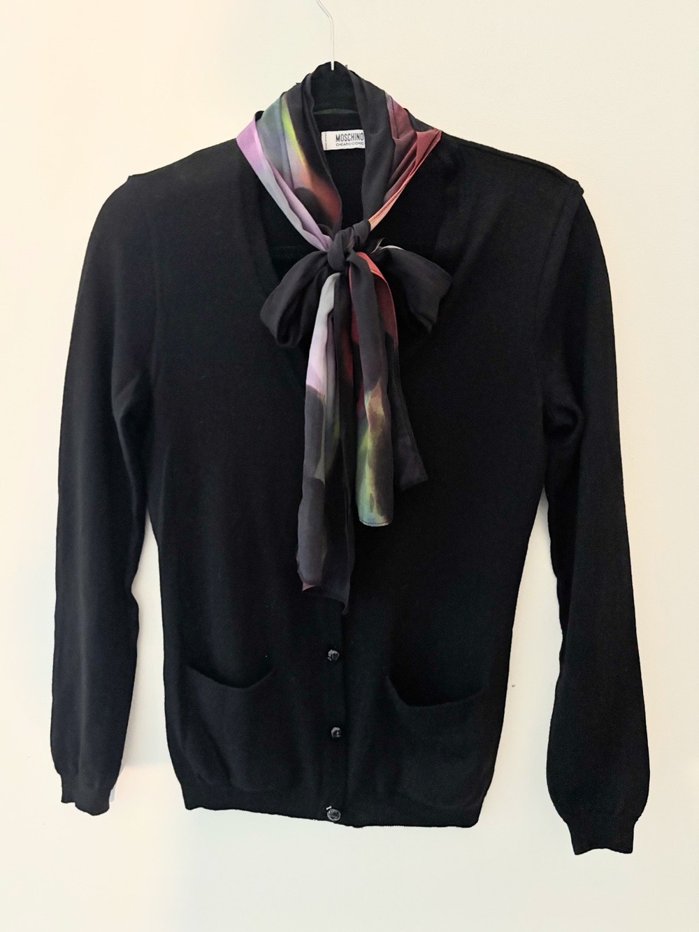 Moschino cheap & chic vintage black v neck cardigan silk tie Y2K VTG wool S